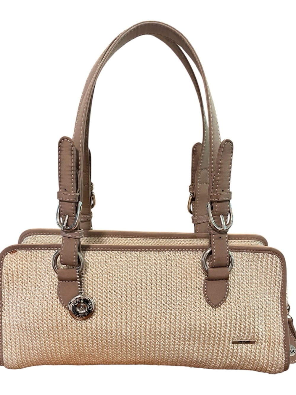 The Sak Barrel Baguette Beige Woven Shoulder Bag with Taupe Trim
